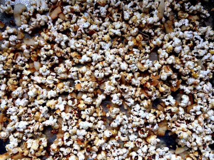 Indian-spiced kettle corn with coconut flakes