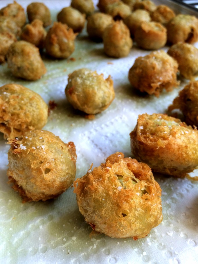 Beer Battered Fried Green Olives with Sriracho Mayo