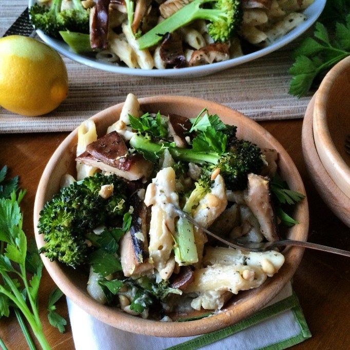 Vegan Garlic Cream Pasta w/ Roasted Broccoli & Mushrooms