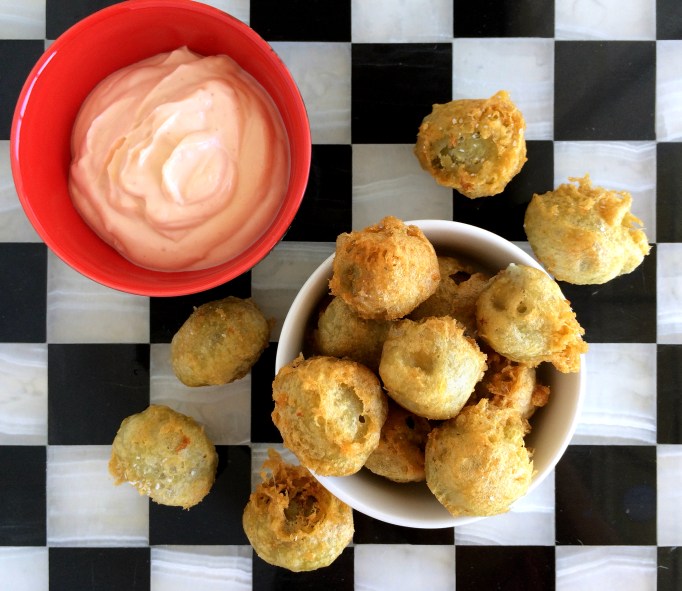 Beer Batter Fried Green Olives with Sriracha Mayo
