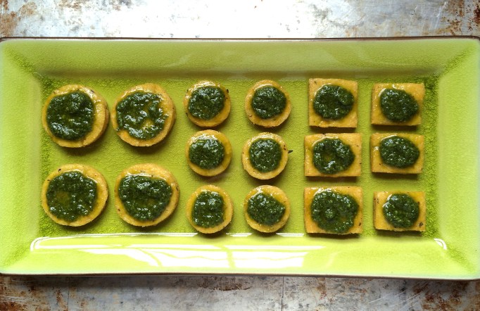 Lemon Thyme Polenta Bites with Arugula Pesto & Mushrooms