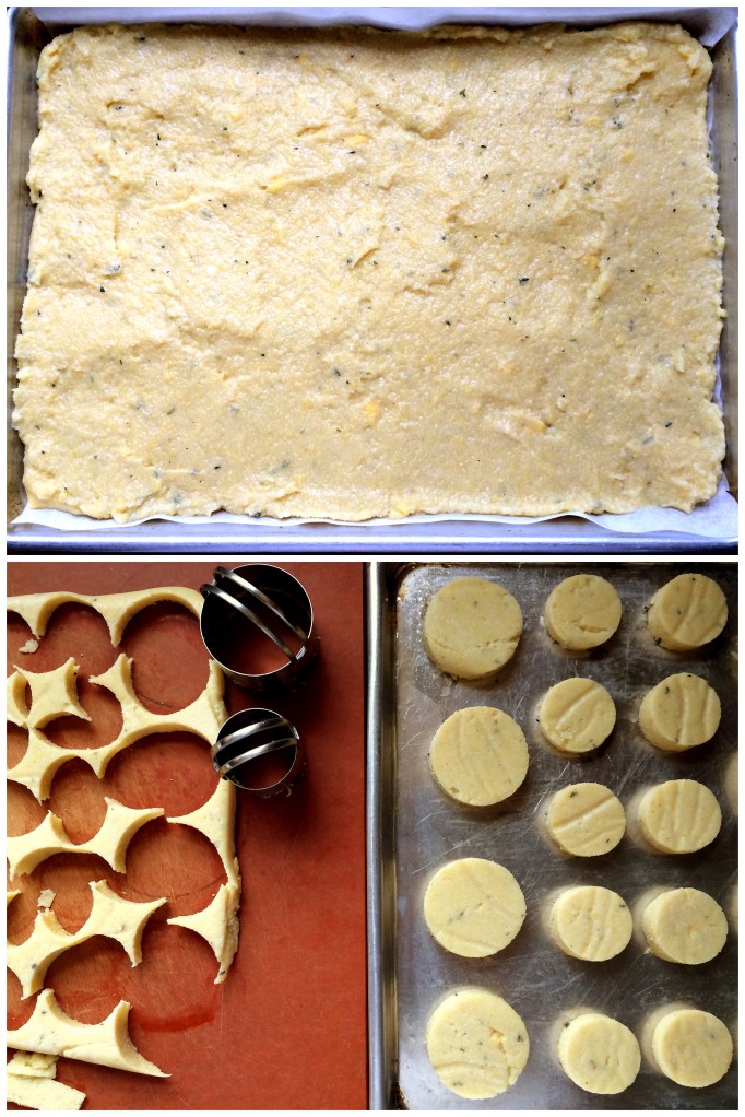 Lemon Thyme Polenta Bites with Arugula Pesto & Mushrooms