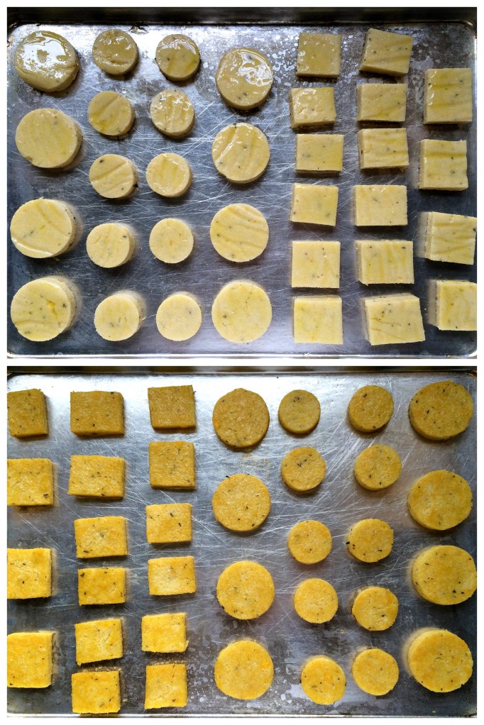 Lemon Thyme Polenta Bites with Arugula Pesto & Mushrooms