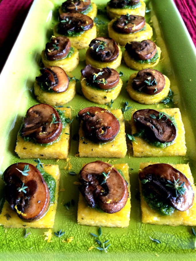 Lemon Thyme Polenta Bites with Arugula Pesto & Mushrooms