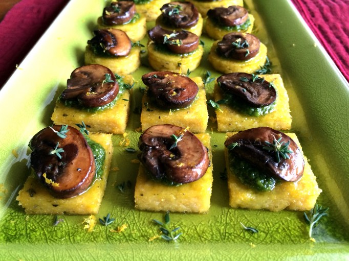 Lemon Thyme Polenta Bites with Arugula Pesto & Mushrooms