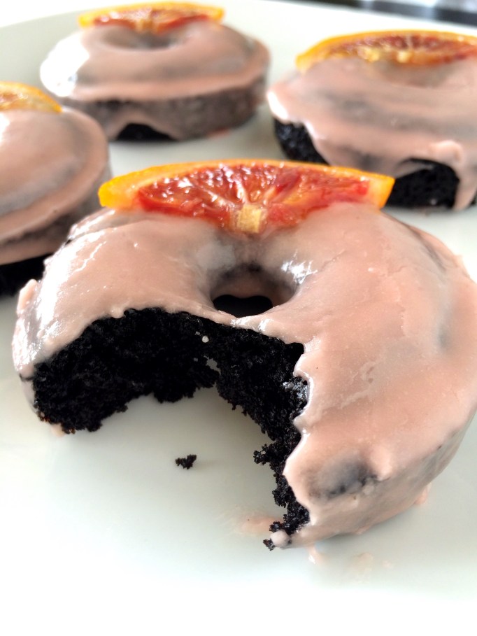 Baked Chocolate-Espresso Donuts with Blood Orange Glaze & Candied Blood Oranges
