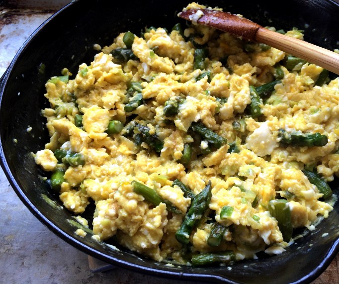 Leek and Asparagus Scrambled Eggs with Parmesan