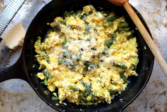Leek and Asparagus Scrambled Eggs with Parmesan